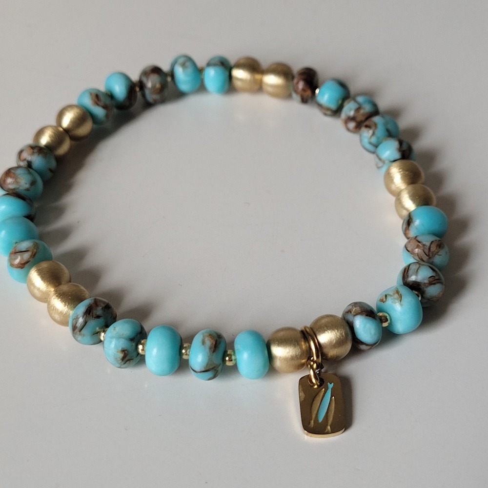 Beaded Stretch Bracelet Women' OS Turquoise Gold Coastal Boho Festival Beachy